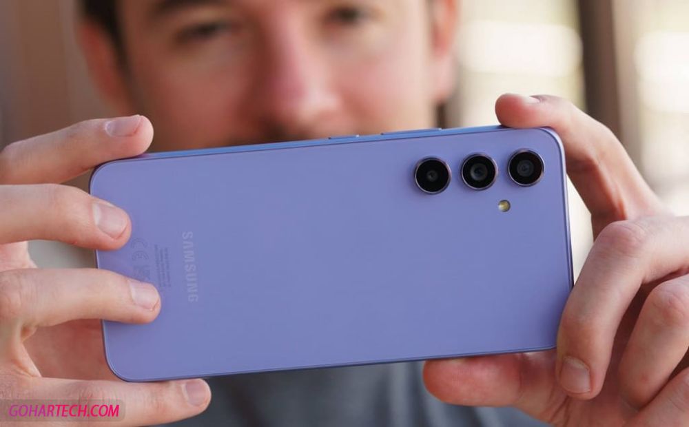 The camera on the back of the Samsung A54 phone is purple